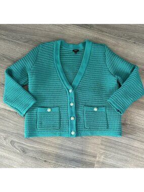 Talbots Cardigan Womens X Plus Green Waffle Knit V Neck Crest Buttons Pockets
